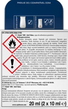 Tylna etykieta Glade ONE Anti Tabac 20ml z ostrzeżeniami, składnikami i piktogramami zagrożeń w języku polskim.