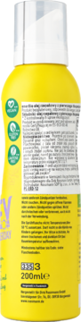 Tył żółtej butelki sprayu do włosów Rossmann, 200ml, z etykietą, tekstem niemieckim i logo Vegan.