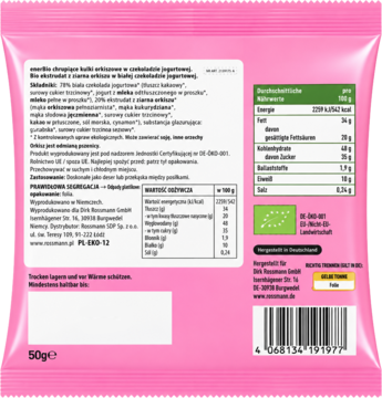 Tył różowego opakowania wafli z amarantusem 50g, widoczne informacje odżywcze i certyfikat BIO.