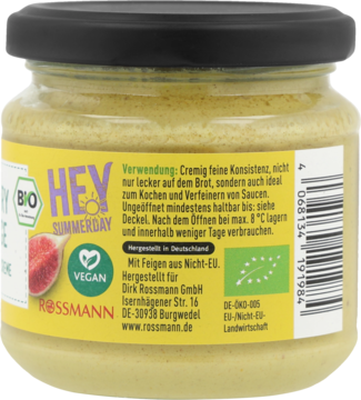 Tył słoiczka HEY SOMMERDAY z Rossmann, żółta etykieta, wegańska pasta figowa bio do smarowania/sosów.