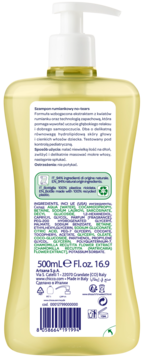 Tył żółtej butelki szamponu Chicco rumiankowego 500ml z białą pompką. Widoczny opis i lista składników.