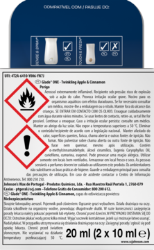 Tył opakowania Glade ONE Twinkling Apple & Cinnamon, odświeżacz powietrza, z etykietami ostrzegawczymi, 20 ml.