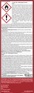 Tył czerwonego opakowania Glade Twinkling Apple & Cinnamon, z symbolami ostrzegawczymi, opisem i instrukcjami.