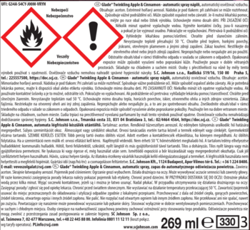 Tył etykiety Glade Twisting Apple & Cinnamon automatic spray refill, symbole ostrzegawcze, tekst, 269 ml.