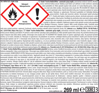 Tył etykiety odświeżacza powietrza z dwoma piktogramami zagrożenia: płomień, wykrzyknik. Tekst w wielu językach, 269ml.