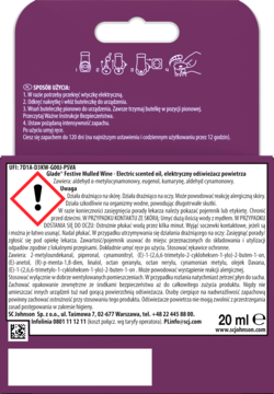 Tyl purpurowego opakowania Glade Elektryczny Odświeżacz Powietrza Mulled Wine 20ml, z białą etykietą, instrukcjami.