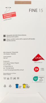 Tył opakowania damskich skarpetek FINE 15 den z bezuciskowym ściągaczem i wzmocnionym palcem.