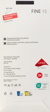 Tył białego opakowania skarpetek damskich 15 DEN bezuciskowych FINE 15, z napisem "comfort border" i składem.