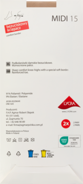 Tył opakowania MIDI 15, damskich podkolanówek bezuciskowych, wzmocnione palce, jeden rozmiar. Beżowe.