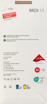 Tył opakowania bezuciskowych podkolanówek damskich Midi 15. Widoczne szczegóły: wzmocnione palce, Lycra, OEKO-TEX.