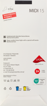 Tył białego opakowania podkolanówek damskich MIDI 15. Z bezuciskowym ściągaczem, wzmocnione palce, 2 pary.