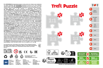 Tył opakowania puzzli Trefl z informacjami o produkcie, ostrzeżeniami i symbolami recyklingu.