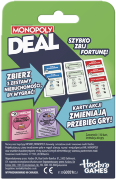 Monopoly Deal, tył pudełka karcianki: granatowe tło z grafikami kart nieruchomości i akcji, hasła w języku polskim.