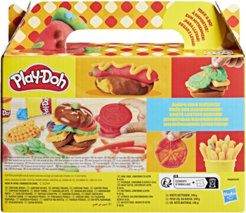 Tył pudełka Play-Doh Małe przysmaki z grilla, pokazujący narzędzia i potrawy z ciastoliny: burger, hot dog, frytki.