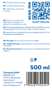 Tył etykiety odświeżacza do tkanin Cleangang 500 ml z QR kodem, instrukcjami użycia i danymi kontaktowymi firmy.