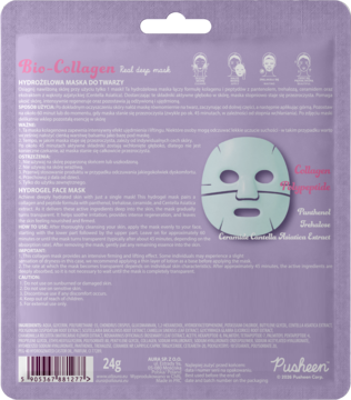 Tył fioletowej saszetki hydrożelowej maski Pusheen Bio-Collagen Real Deep Mask, z tekstem i rysunkiem.
