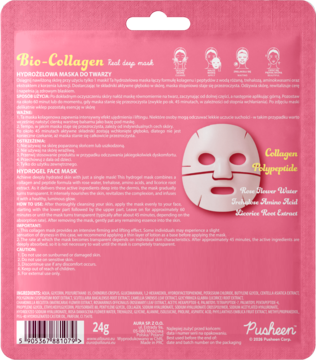 Tył różowej saszetki maski Pusheen Bio-Collagen Real Deep Mask, hydrożelowej, z opisem i rysunkiem maski.