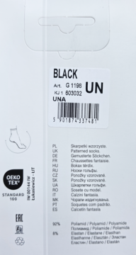 Tył białego opakowania czarnych skarpetek z tekstem 'BLACK', składem 92% Poliamid, 8% Elastan i logo OEKO-TEX.