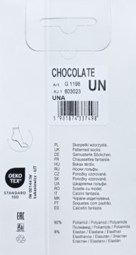Tył białego opakowania wzorzystych skarpetek CHOCOLATE UNA, z widocznym składem materiałowym i certyfikatem OEKO-TEX.