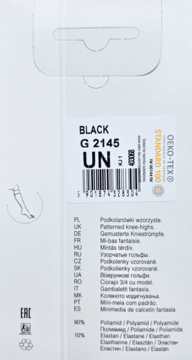 Tył białego opakowania podkolanówek wzorzystych, z tekstem BLACK G 2145, logo OEKO-TEX i listą składników.