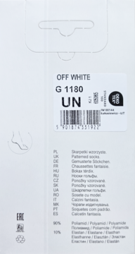 Tył białego opakowania skarpetek OFF WHITE G 1180 UN z opisem "patterned socks" i składem poliamid/elastan.