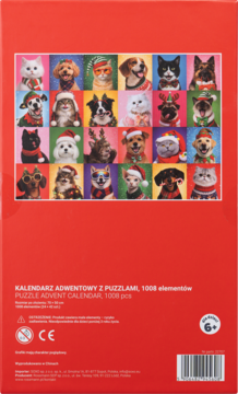 Czerwony kalendarz adwentowy, puzzle 1008 el., świąteczne psy i koty, widok z przodu opakowania.