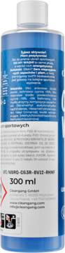 Tył niebieskiej butelki Cleangang 300 ml żelu do prania odzieży sportowej, z etykietą i ostrzeżeniami.