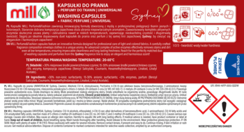 Czerwona etykieta kapsułek do prania MILL Sydney Perfume & Fashion, z białym logo i złotym napisem.