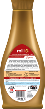 Tył złotej butelki MILL Perfumy do tkanin SYDNEY 750ml, czerwona etykieta z opisem i kodem kreskowym.