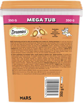 Tył pomarańczowego kubełka Dreamies Mega Tub 350g, przysmaki dla kotów, z widocznym składem, instrukcją i kodem.