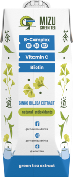 Mizu Green Tea z Ginkgo Biloba i witaminami B, C, Biotin w białym kartonie, front, zielone liście.