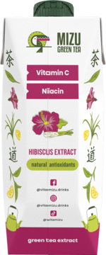 Biały karton Mizu Green Tea Lemongrass-Hibiscus, z grafiką hibiskusa i napisem Vitamin C, widok z przodu.
