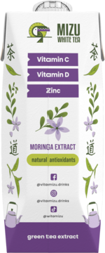 Mizu White Tea Jasmine-Moringa, biały karton z fioletowymi akcentami, witaminami C, D, cynk.