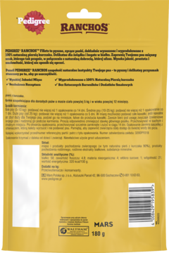 Pedigree Ranchos Fillets Kurczak 180g, tył złotego opakowania z listą składników i kodem kreskowym.