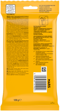 Tył żółtego opakowania PEDIGREE DENTASTIX, z tekstem o higienie jamy ustnej psa i kodem kreskowym.