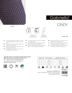 Granatowe rajstopy Gabriella Cindy z geometrycznym wzorem 3D, opakowanie z tabelą rozmiarów, opisami produktu.