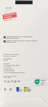 Tył opakowania skarpetek damskich kryjących z bezuciskowym ściągaczem. Widoczne skład, certyfikat OEKO-TEX.