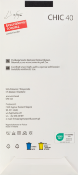 Tył opakowania podkolanówek CHIC 40, z opisem cech (bezuciskowy ściągacz), składem materiału i symbolami prania.