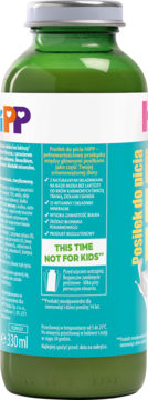 Tył zielonej butelki HiPP Posiłek do picia, bez laktozy, z turkusową etykietą, widoczny napis "NOT FOR KIDS".