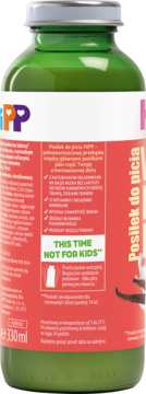HiPP Posiłek do picia, zielona butelka z czerwoną etykietą 'NOT FOR KIDS', bez laktozy.