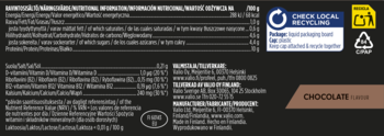 Tył kartonu czekoladowego napoju proteinowego 25g białka, bez cukru, bez laktozy, z tabelą odżywczą.