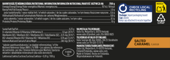 Tył opakowania napoju proteinowego Salted Caramel, widoczne informacje żywieniowe i dane producenta.