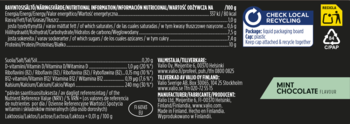 Tył czarnego opakowania napoju miętowo-czekoladowego, 25g białka, bez laktozy, dane odżywcze.