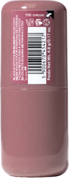 Muted pink blush stick w sztyfcie, widok z tyłu z białą etykietą, kodem kreskowym i masą netto 4.8g.