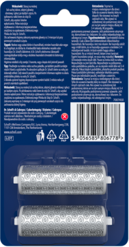 Tył opakowania Dr. Scholl's Pedi Perfect NanoTech, z opisami i dwoma widocznymi głowicami obrotowymi.