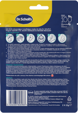 Tył opakowania Dr. Scholl's maska peelingująca do stóp, ciemnoniebieskie z żółtym pasem, instrukcje i skład.