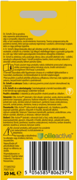 Tył żółtego opakowania żelu Dr. Scholl's Olile Active na grzybicę stóp, tekst, kod kreskowy, logo.