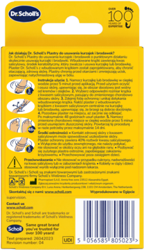 Tył żółto-niebieskiego opakowania Dr. Scholl's Plastry na Kurzajki i Brodawki, z polskimi instrukcjami i diagramami.