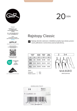 Opakowanie rajstop Gatta Classic 20 DEN, kolor Vison, rozmiar 2-S. Widok z przodu z tabelą rozmiarów i składem.