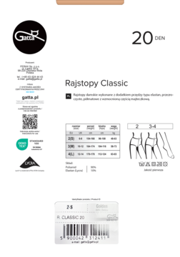Białe opakowanie rajstop Gatta Classic 20 DEN, z logo kotka, tabelą rozmiarów i szczegółowym opisem.